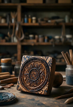 Craftsmanship and artisan heritage, hand carved wooden stamp with floral pattern on workbench in traditional workshop for handmade textile printing
