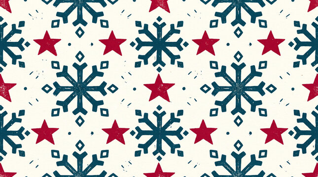 Vintage Christmas pattern with blue snowflakes and red stars on beige. Retro festive seamless design for holiday wrapping and backgrounds.