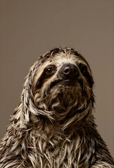 Naklejka premium Slow living and mindfulness concept, portrait of a three-toed sloth with wet fur looking up in a calm and peaceful expression on a neutral background