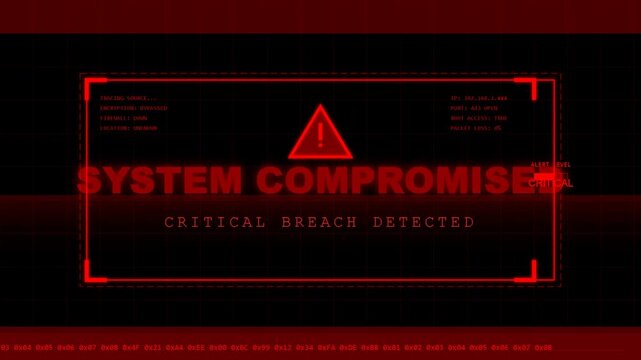 System compromised alert message with red warning interface, cybersecurity threat and network hacking simulation