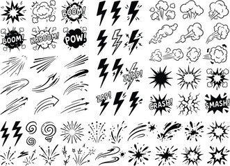 line speed cartoon effect, boom explosive motion line element set with comic bursts, smoke, hand drawn sketch doodles, and dynamic action effects. © MstSima