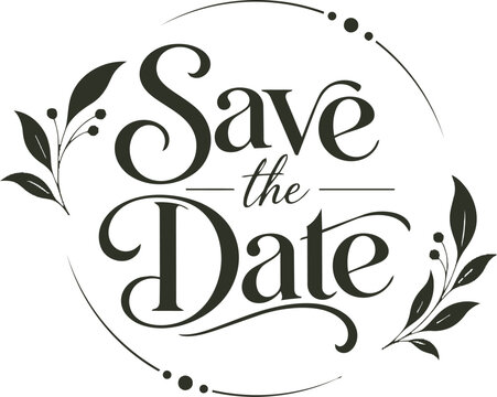 Save the date wedding invitation typography with dark floral flourish elements for bridal events.