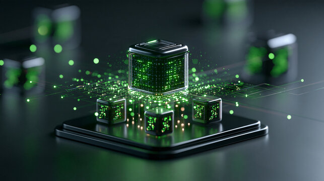 Isometric 3d render of an AI tools platform with automation workflow integration and digital software architecture blocks connected by glowing green nodes on a dark grey background