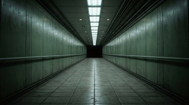 Empty dark tunnel corridor with vanishing point perspective.
