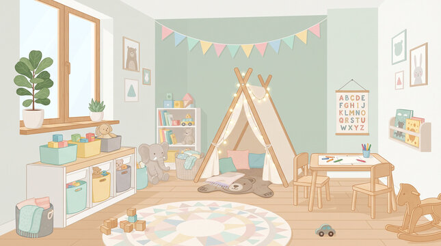 Cozy pastel playroom interior with wooden teepee tent, fairy lights, drawing table, toy organizers, and soft round rug in vector style.   