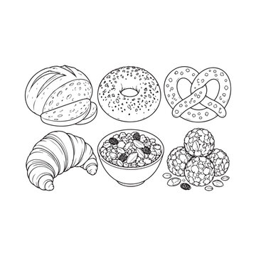 Bakery Food Line Art Collection, Bread, Bagel, Pretzel, Croissant, Granola and Seeded Pastry Vector