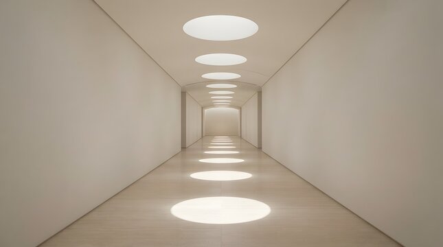 Long white hallway with a vaulted ceiling and round skylights casting circular pools of light on the floor