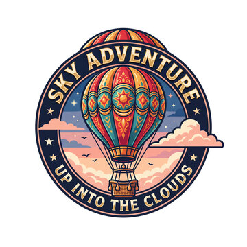 Hot air balloon flying in the sky inside a circular emblem. Round badge featuring fluffy pink clouds and birds with english typography text on the border.