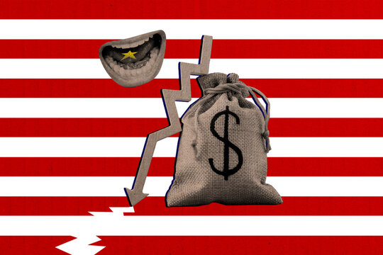 Image trendy art banner collage of human mouth scream america stripes star money bag dollar bankruptcy arrow fall regress