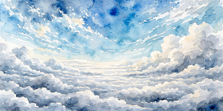Watercolor painting style of blue sky and sea of clouds background