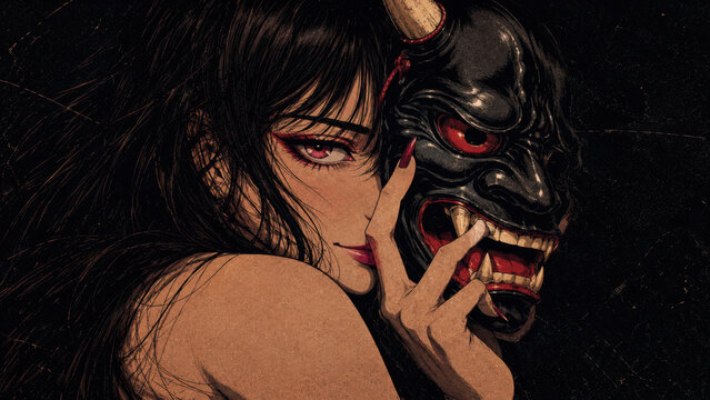 Woman holding Japanese oni mask.
