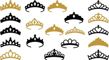 Collection of elegant golden and black tiaras and crowns on a white background © MD Din Islam