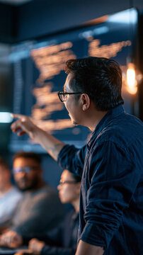 Rear view of an asian male software engineer pointing at source code on a large screen during a tech team meeting in a dark blue office seated colleagues with faces out of frame source