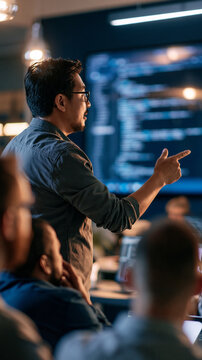 Rear view of an asian male software engineer pointing at source code on a large screen during a tech team meeting in a dark blue office seated colleagues with faces out of frame source