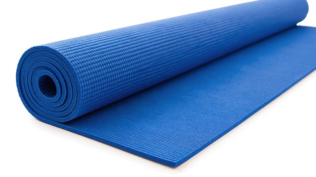 Blue yoga mat rolled up, Textured exercise equipment surface, Fitness and wellness sport item