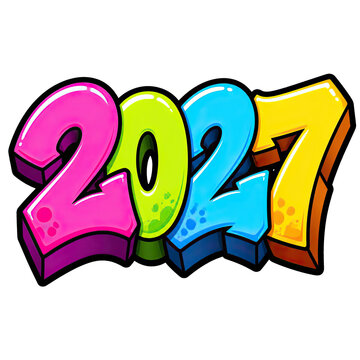 Colorful 2027 numbers with bubble graffiti style letters. Bright calendar digits featuring volumetric elements and unique color combinations for a upcoming new year celebration.