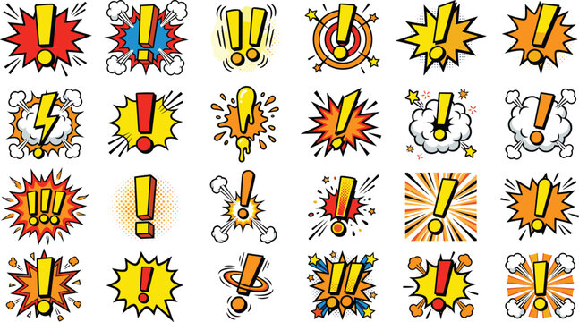 Comic Book Exclamation Mark Vector Set with Pop Art Speech Bubbles, Cartoon Explosions, Halftone Starbursts, and Alert Warning Symbols for Graphic Designs