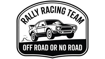 Obraz premium Rally racing team badge with a fast sports car jumping off-road, text off road or no road, isolated on a white background