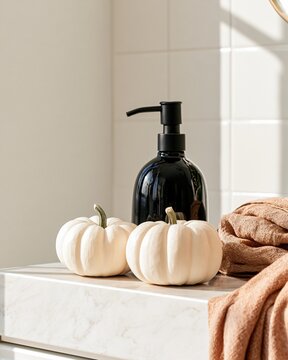 A bathroom shelf features small white pumpkins and a black soap dispenser