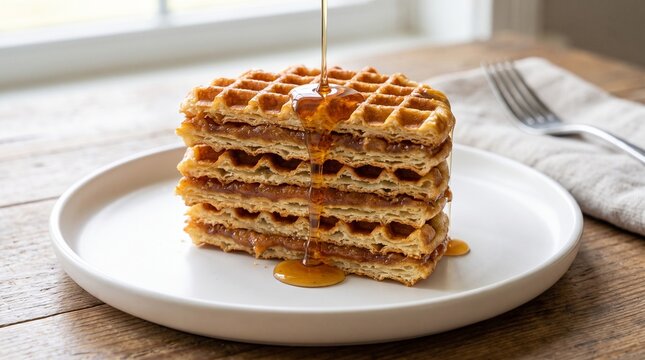 Golden syrup pouring over a stack of crispy caramel stroopwafel