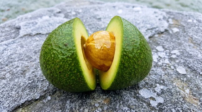 Fresh ripe avocado cut in half showing large brown seed on a textured