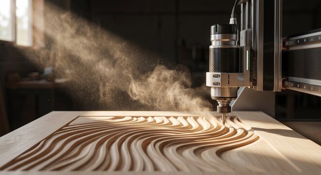 CNC router carving intricate wood wave patterns in professional