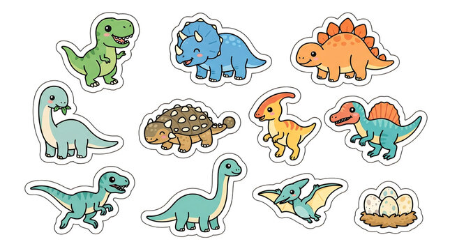 Friendly dinosaurs with eggs and plants for kids and prehistoric theme designs.