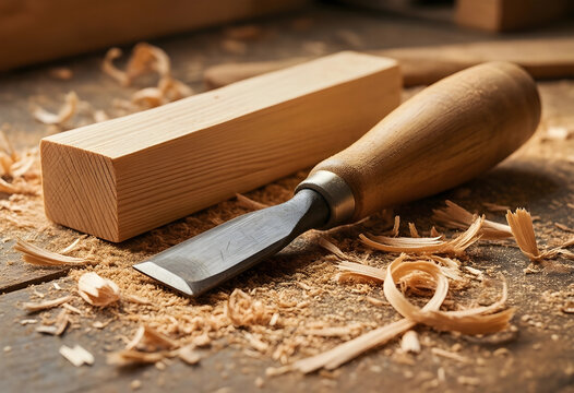 Craftsmanship and woodworking hobby, sharp wood chisel with timber block and shavings on a rustic workbench for carpentry and manual skills project