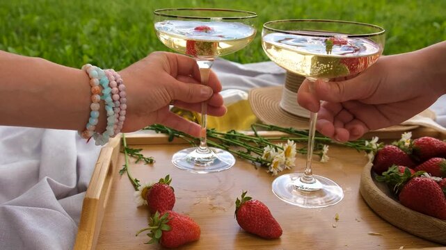 Picnic with strawberries and wine. Selective focus.