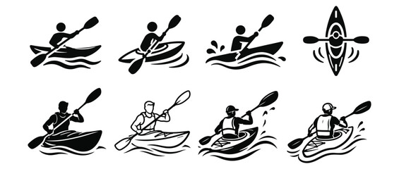 Set of kayaking and canoeing activity icons featuring people paddling in boats kayak icon water sport river sport canoeing paddling adventure illustration recreation © Priyo Brato