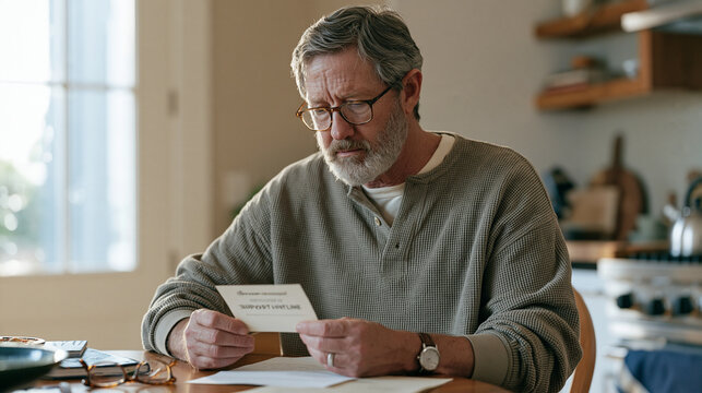 A grieving middle-aged man sits alone at his kitchen table in the early morning, staring at a printed card showing a bereavement support hotline number, reading glasses resting on