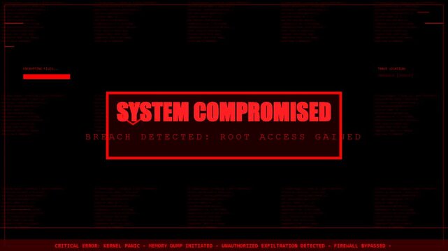 System compromised alert message on digital screen interface, cyber attack warning, malware breach, data hacking, security threat visualization