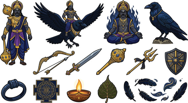 Lord Shani Dev Hindu God Vector Set with Crow Vahana, Ancient Mythological Weapons, Yantra, Diya Lamp, and Religious Astrology Design Elements