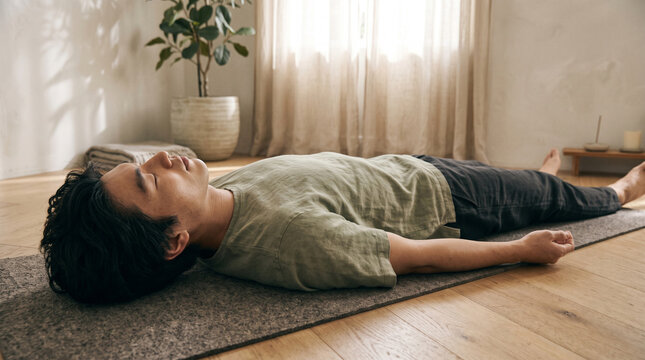 Young Asian man practicing yoga lying in savasana corpse pose on mat at home