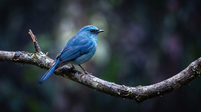 Vibrant Blue Songbird Perched on a Curved Branch in a Moody Tropical Forest