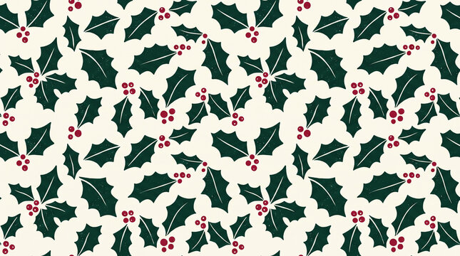 Vintage Christmas holly pattern with red berries and green leaves on beige. Retro festive seamless design for holiday wrapping and backgrounds.