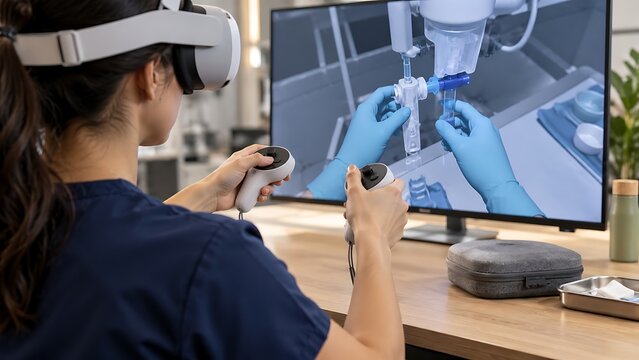 Woman wearing virtual reality headset using controllers while looking at monitor screen with vr headset