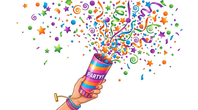 Hand holding a party popper exploding with colorful confetti and streamers