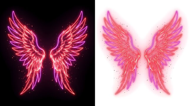 Glowing neon angel wings rendered in vibrant shades of pink and red featuring sparkling magic particle effects displayed symmetrically against contrasting black and white split background lighting
