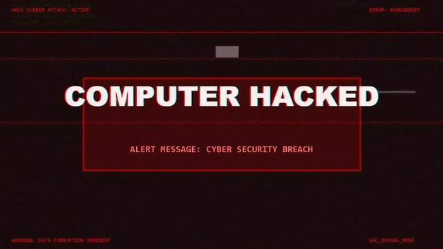 Computer hacked system virus detected warning sign on grainy static screen, cybersecurity alert, digital threat, network breach, data privacy risk