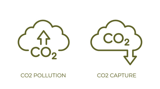 Environmental icons representing carbon dioxide pollution and emission reduction concepts featuring green cloud line art graphics
