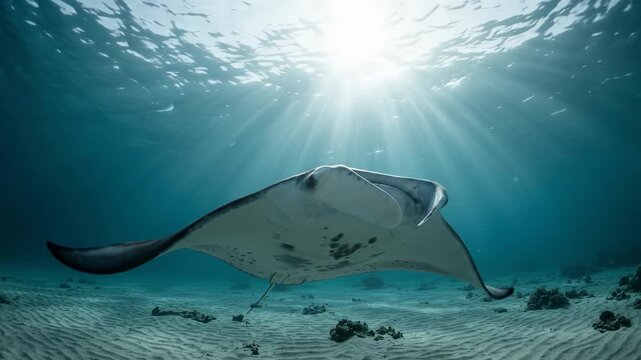 A majestic manta ray glides gracefully through crystal-clear ocean water, its underside illuminated by ethereal sunbeams piercing the surface.