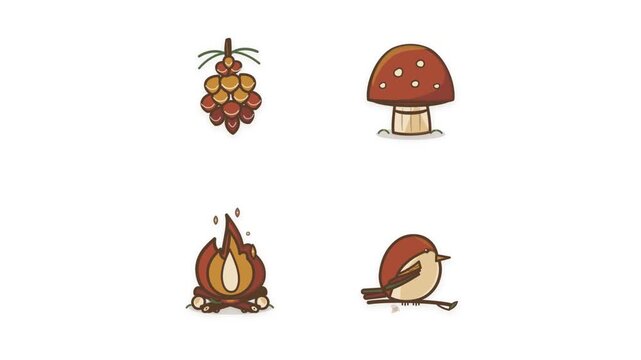Hand drawn autumn forest and woodland icon collection featuring pine cone, forest mushroom, campfire, and woodland bird in organic rustic colors.