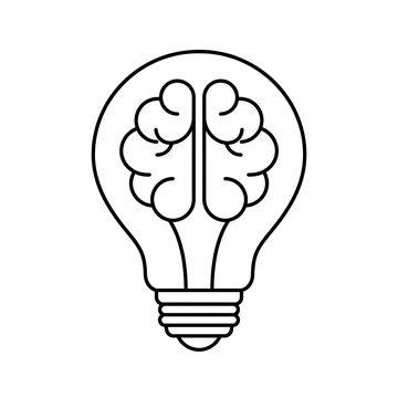 Minimalist outline icon of a light bulb containing a human brain inside