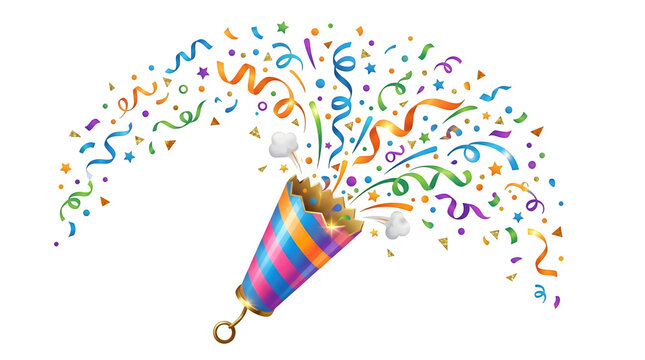 Celebration with a party popper bursting with colorful confetti and streamers