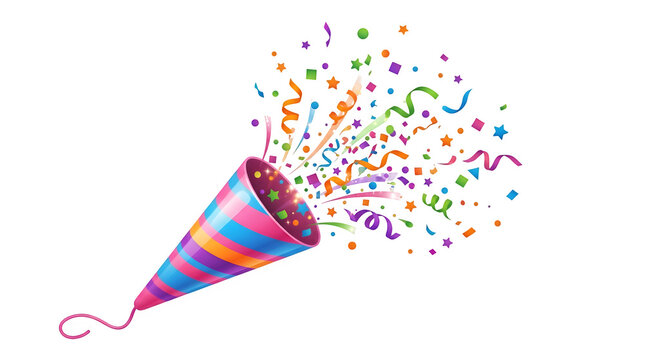 Celebration party popper exploding with colorful confetti streamers isolated on white