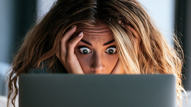 A worried woman with a shocked expression looks at a laptop; the image illustrates online fraud, phishing attack, cybercrime, data loss, security breach, and digital scams.