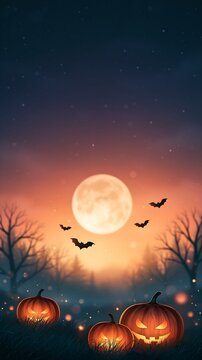 Halloween scene with glowing pumpkins, bats, and full moon