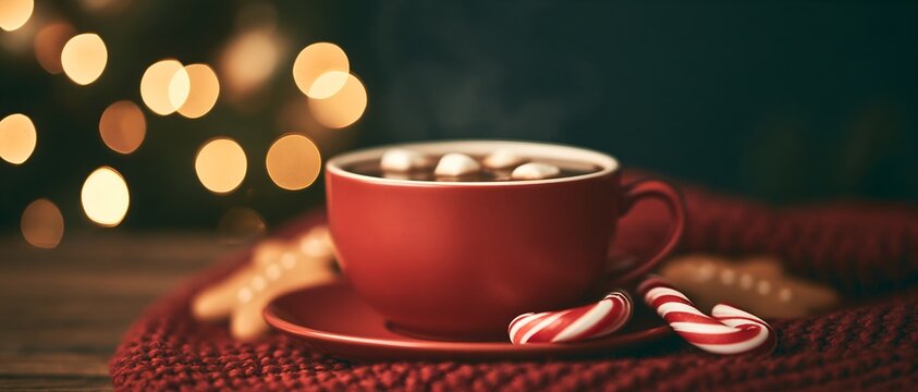 Hot drink in red mug with marshmallows and candy canes