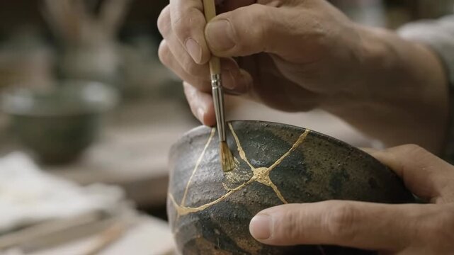 A craftsman meticulously repairs a ceramic bowl using the art of kintsugi, highlighting the beauty of imperfection and the art of mending with golden lacquer.
